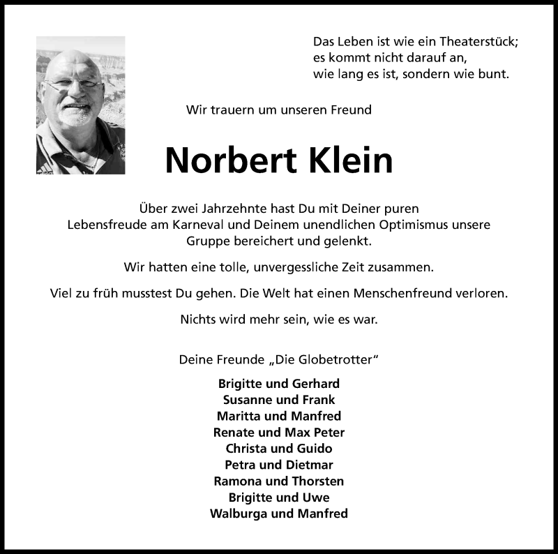  Traueranzeige für Norbert Klein vom 28.10.2017 aus Kölner Stadt-Anzeiger / Kölnische Rundschau / Express