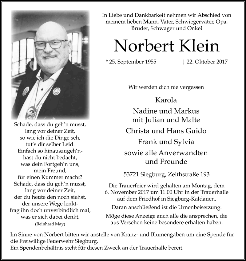  Traueranzeige für Norbert Klein vom 28.10.2017 aus Kölner Stadt-Anzeiger / Kölnische Rundschau / Express