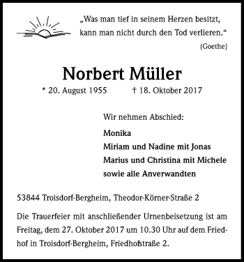 Anzeige von Norbert Müller von Kölner Stadt-Anzeiger / Kölnische Rundschau / Express