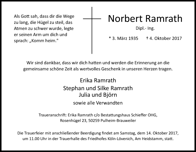  Traueranzeige für Norbert Ramrath vom 11.10.2017 aus Kölner Stadt-Anzeiger / Kölnische Rundschau / Express