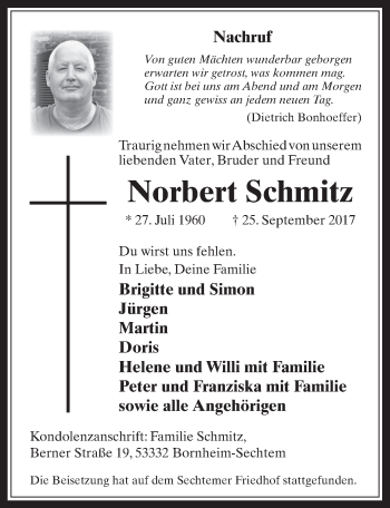 Anzeige von Norbert Schmitz von  Schlossbote/Werbekurier 