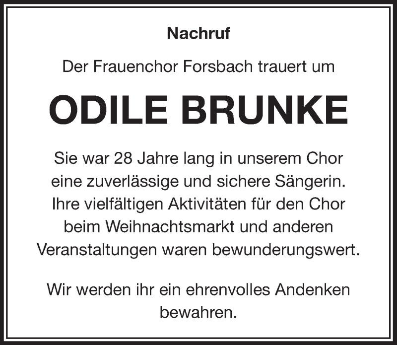  Traueranzeige für Odile Brunke vom 11.10.2017 aus  Bergisches Handelsblatt 