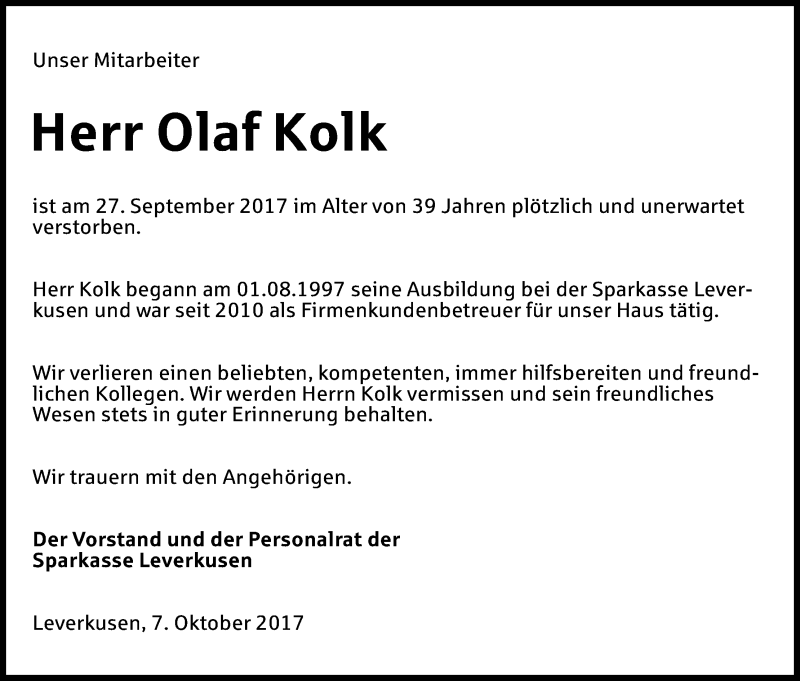  Traueranzeige für Olaf Kolk vom 07.10.2017 aus Kölner Stadt-Anzeiger / Kölnische Rundschau / Express