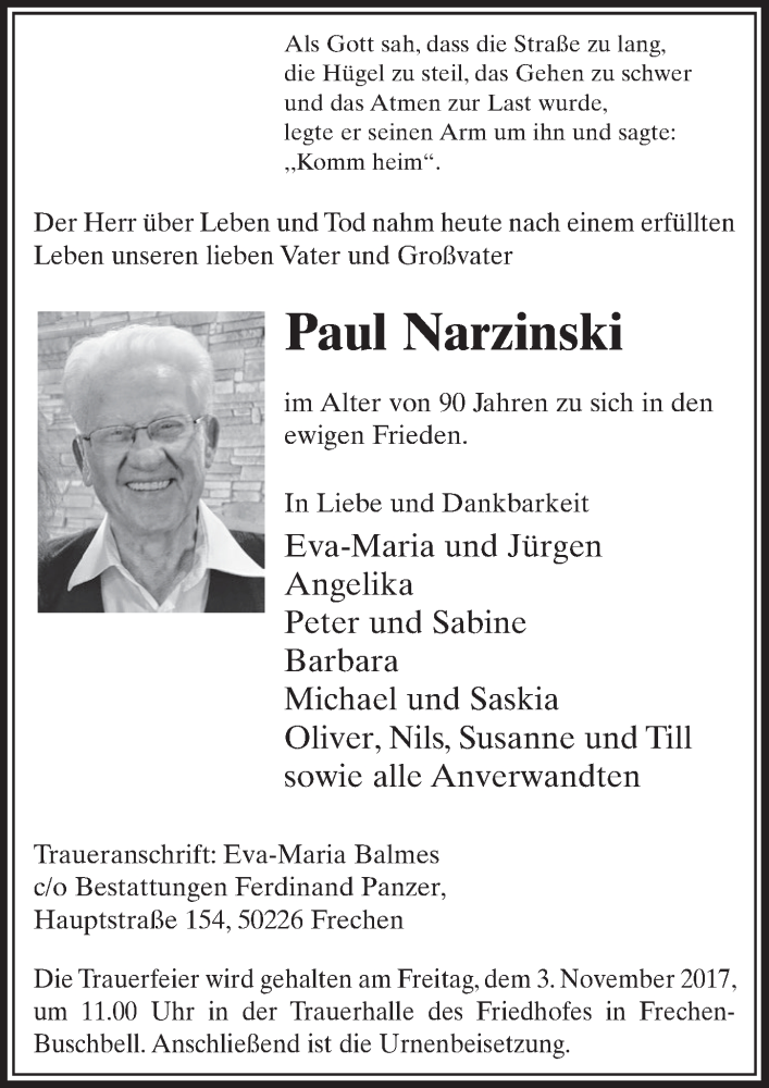  Traueranzeige für Paul Narzinski vom 28.10.2017 aus  Sonntags-Post 