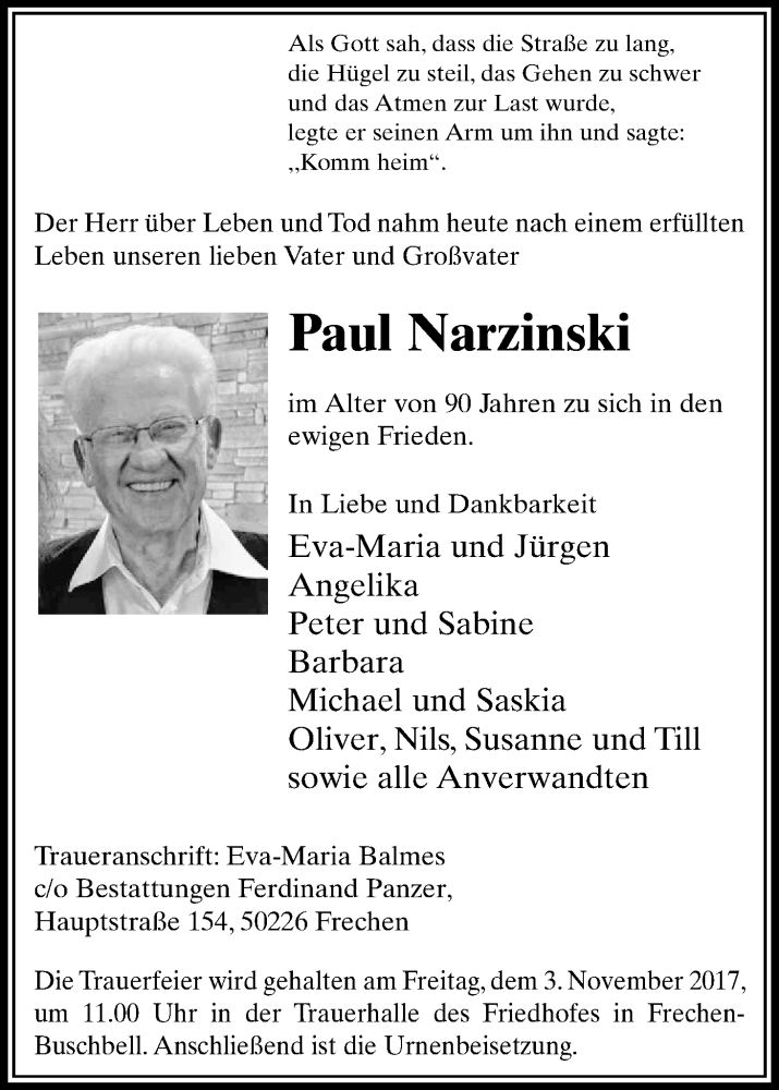  Traueranzeige für Paul Narzinski vom 28.10.2017 aus Kölner Stadt-Anzeiger / Kölnische Rundschau / Express
