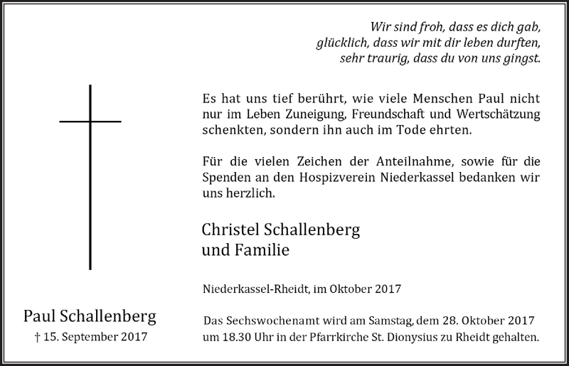  Traueranzeige für Paul Schallenberg vom 25.10.2017 aus  Extra Blatt 
