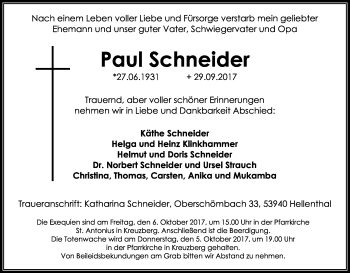 Anzeige von Paul Schneider von Kölner Stadt-Anzeiger / Kölnische Rundschau / Express