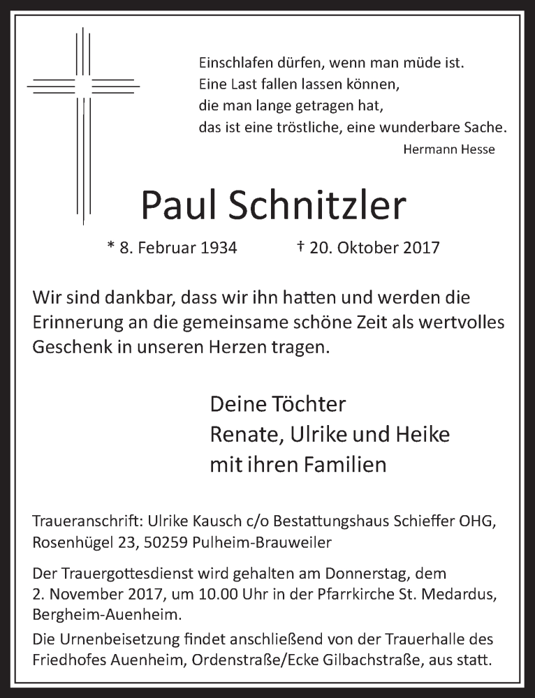  Traueranzeige für Paul Schnitzler vom 25.10.2017 aus  Werbepost 
