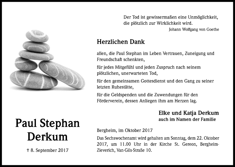  Traueranzeige für Paul Stephan Derkum vom 14.10.2017 aus Kölner Stadt-Anzeiger / Kölnische Rundschau / Express