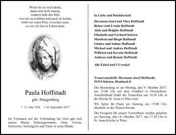 Anzeige von Paula Hoffstadt von Kölner Stadt-Anzeiger / Kölnische Rundschau / Express