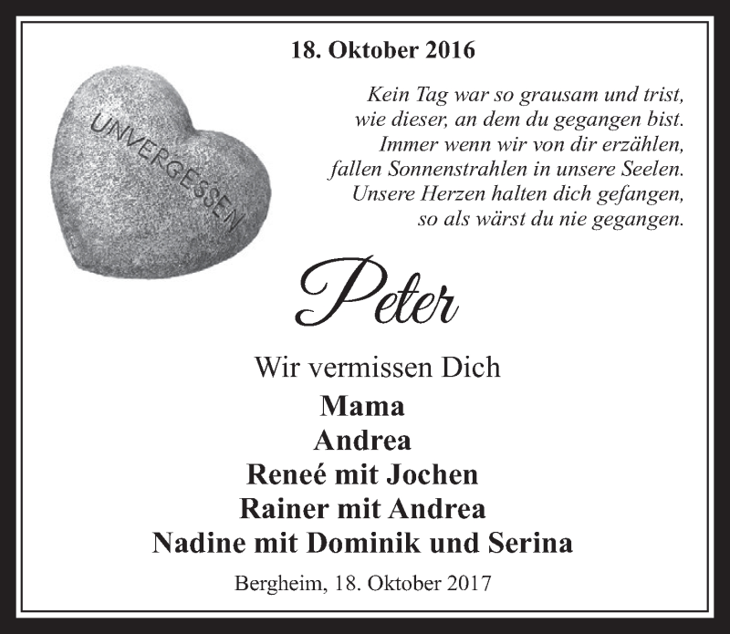  Traueranzeige für Peter  vom 18.10.2017 aus  Werbepost 