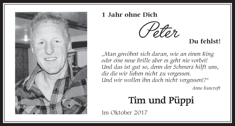  Traueranzeige für Peter  vom 18.10.2017 aus  Werbepost 