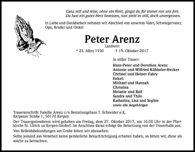  Traueranzeige für Peter Arenz vom 24.10.2017 aus Kölner Stadt-Anzeiger / Kölnische Rundschau / Express