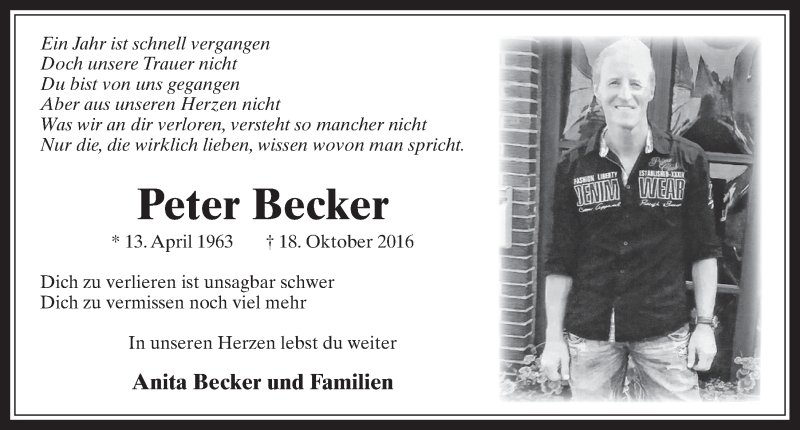  Traueranzeige für Peter Becker vom 21.10.2017 aus  Sonntags-Post 