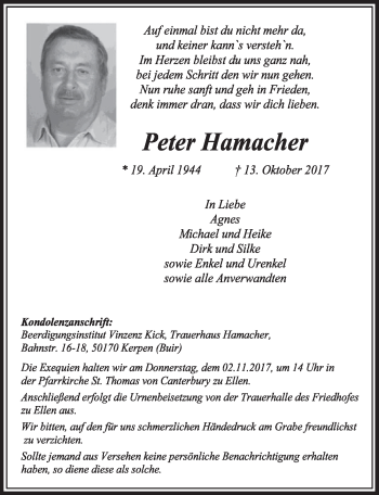Anzeige von Peter Hamacher von  Sonntags-Post 