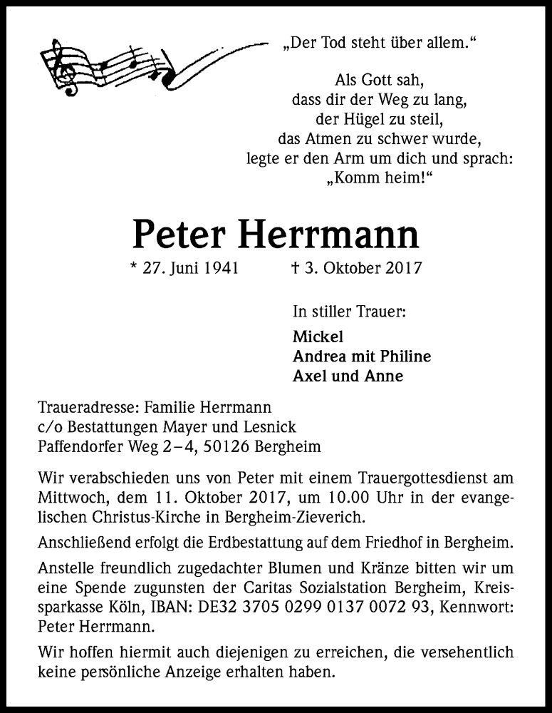  Traueranzeige für Peter Herrmann vom 07.10.2017 aus Kölner Stadt-Anzeiger / Kölnische Rundschau / Express