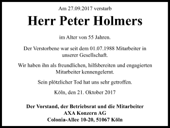 Anzeige von Peter Holmers von Kölner Stadt-Anzeiger / Kölnische Rundschau / Express