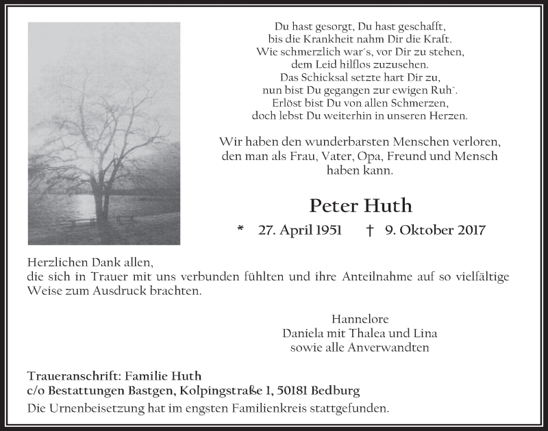  Traueranzeige für Peter Huth vom 25.10.2017 aus  Werbepost 