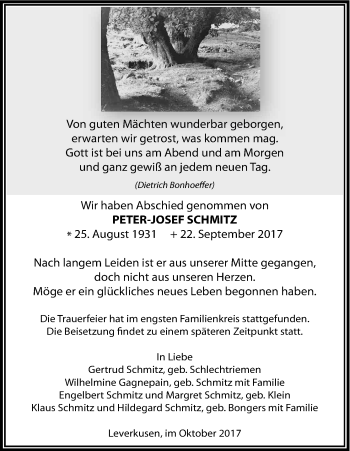 Anzeige von Peter-Josef Schmitz von Kölner Stadt-Anzeiger / Kölnische Rundschau / Express