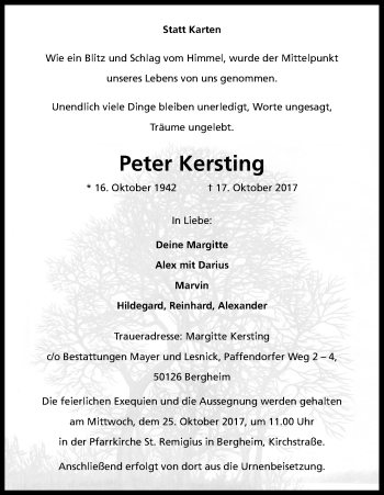 Anzeige von Peter Kersting von Kölner Stadt-Anzeiger / Kölnische Rundschau / Express