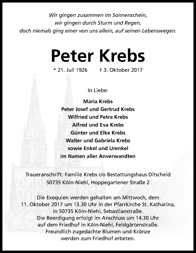  Traueranzeige für Peter Krebs vom 07.10.2017 aus Kölner Stadt-Anzeiger / Kölnische Rundschau / Express