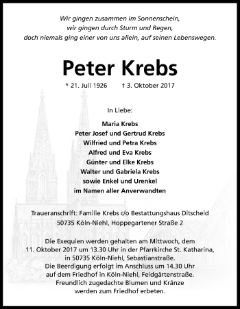 Anzeige von Peter Krebs von Kölner Stadt-Anzeiger / Kölnische Rundschau / Express