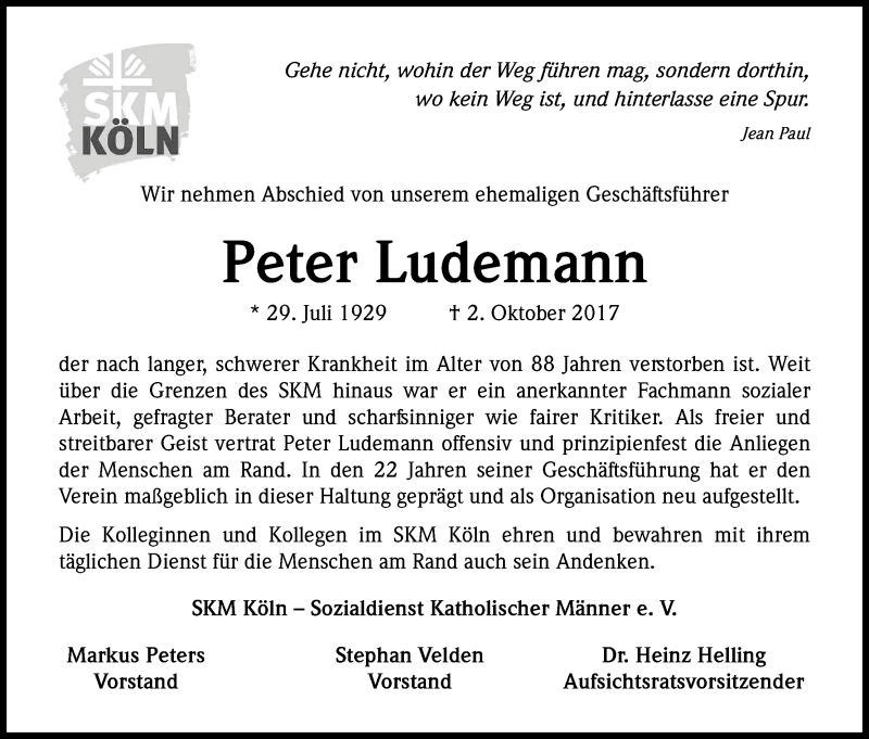  Traueranzeige für Peter Ludemann vom 07.10.2017 aus Kölner Stadt-Anzeiger / Kölnische Rundschau / Express