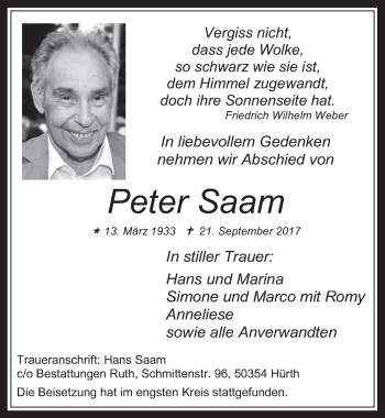 Anzeige von Peter Saam von  Wochenende 