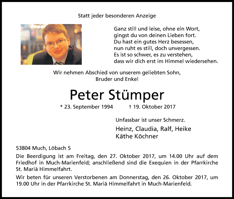  Traueranzeige für Peter Stümper vom 25.10.2017 aus Kölner Stadt-Anzeiger / Kölnische Rundschau / Express