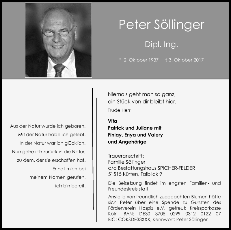  Traueranzeige für Peter Söllinger vom 07.10.2017 aus Kölner Stadt-Anzeiger / Kölnische Rundschau / Express