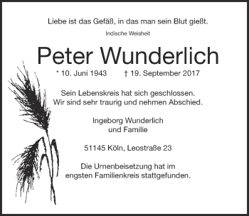 Anzeige von Peter Wunderlich von  Kölner Wochenspiegel 