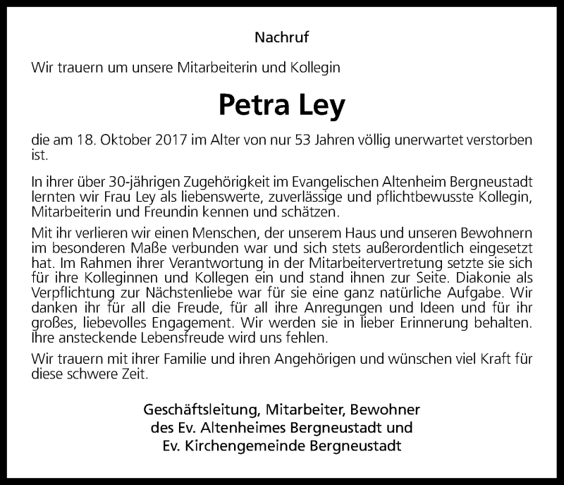  Traueranzeige für Petra Ley vom 28.10.2017 aus Kölner Stadt-Anzeiger / Kölnische Rundschau / Express