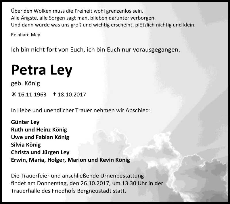  Traueranzeige für Petra Ley vom 24.10.2017 aus Kölner Stadt-Anzeiger / Kölnische Rundschau / Express