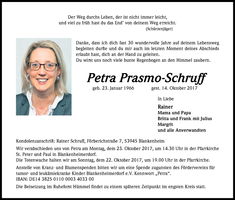  Traueranzeige für Petra Prasmo-Schruff vom 18.10.2017 aus Kölner Stadt-Anzeiger / Kölnische Rundschau / Express