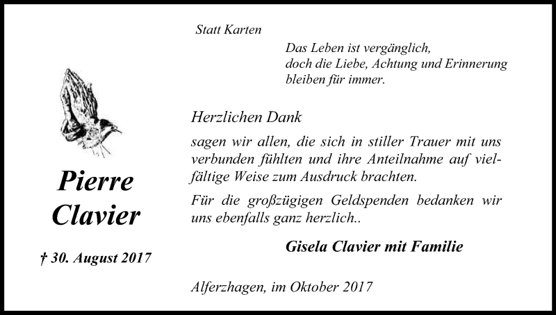  Traueranzeige für Pierre Clavier vom 14.10.2017 aus Kölner Stadt-Anzeiger / Kölnische Rundschau / Express
