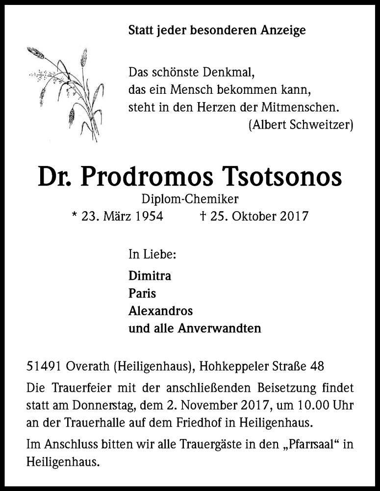  Traueranzeige für Prodromos Tsotsonos vom 28.10.2017 aus Kölner Stadt-Anzeiger / Kölnische Rundschau / Express