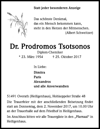 Anzeige von Prodromos Tsotsonos von Kölner Stadt-Anzeiger / Kölnische Rundschau / Express