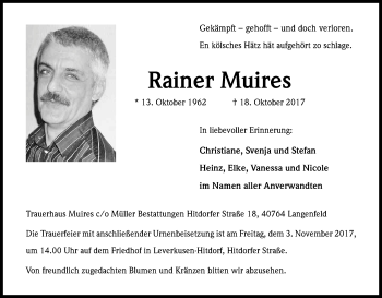 Anzeige von Rainer Muires von Kölner Stadt-Anzeiger / Kölnische Rundschau / Express