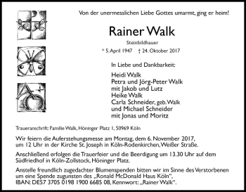Anzeige von Rainer Walk von Kölner Stadt-Anzeiger / Kölnische Rundschau / Express
