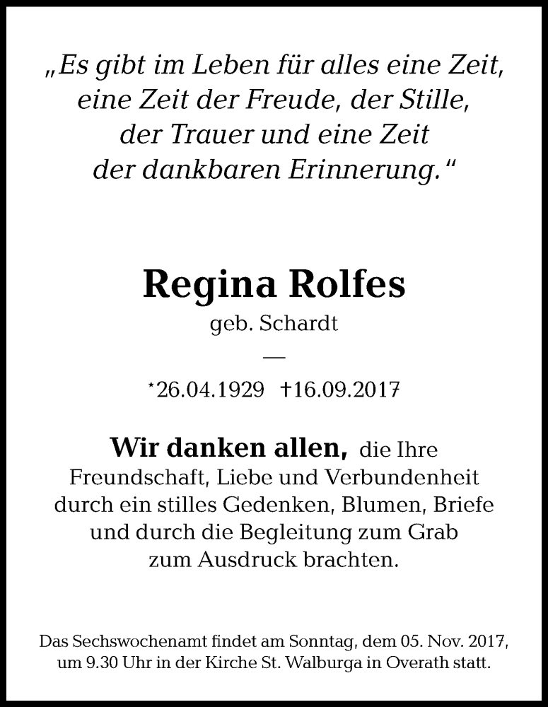  Traueranzeige für Regina Rolfes vom 28.10.2017 aus Kölner Stadt-Anzeiger / Kölnische Rundschau / Express