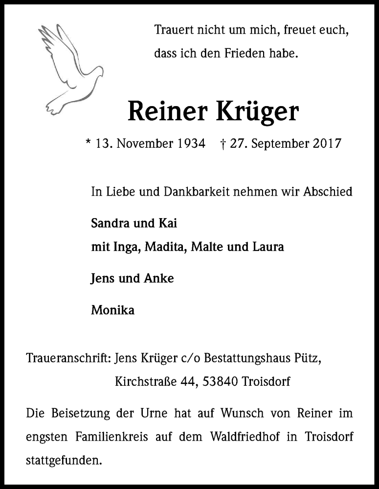  Traueranzeige für Reiner Krüger vom 14.10.2017 aus Kölner Stadt-Anzeiger / Kölnische Rundschau / Express