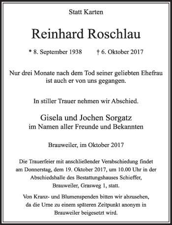 Anzeige von Reinhard Roschlau von  Sonntags-Post 