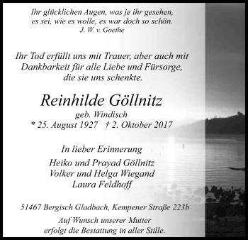 Anzeige von Reinhilde Göllnitz von Kölner Stadt-Anzeiger / Kölnische Rundschau / Express