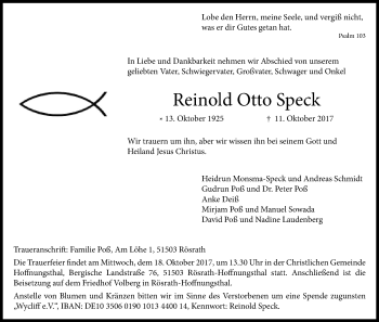 Anzeige von Reinhold Speck von Kölner Stadt-Anzeiger / Kölnische Rundschau / Express