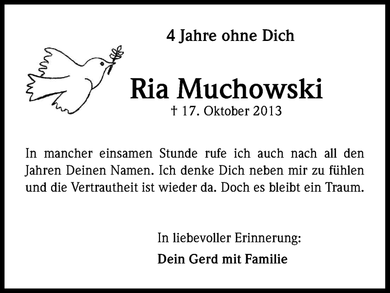  Traueranzeige für Ria Muchowski vom 18.10.2017 aus Kölner Stadt-Anzeiger / Kölnische Rundschau / Express