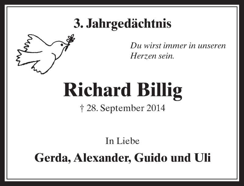  Traueranzeige für Richard Billig vom 11.10.2017 aus  Werbepost 