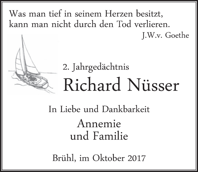  Traueranzeige für Richard Nüsser vom 25.10.2017 aus  Schlossbote/Werbekurier 