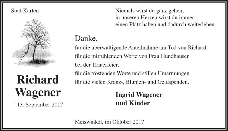  Traueranzeige für Richard Wagener vom 18.10.2017 aus  Lokalanzeiger 