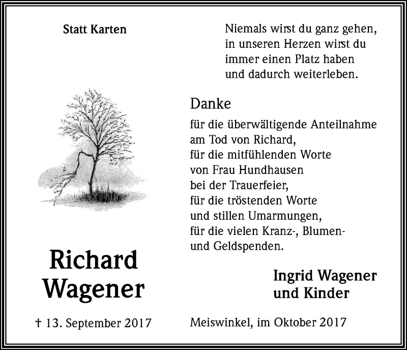  Traueranzeige für Richard Wagener vom 21.10.2017 aus Kölner Stadt-Anzeiger / Kölnische Rundschau / Express