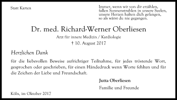 Anzeige von Richard-Werner Oberliesen von Kölner Stadt-Anzeiger / Kölnische Rundschau / Express